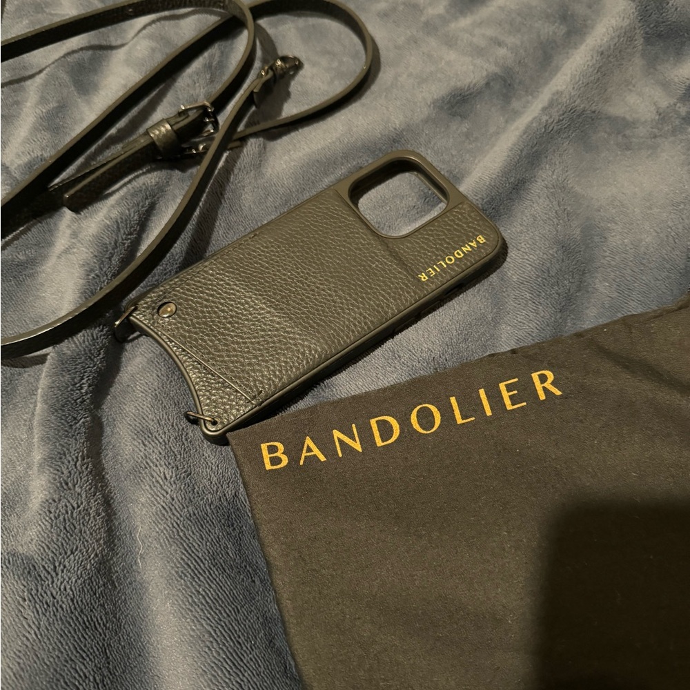 Bandolier Black Pebbled Leather Crossbody Phone Case with Gold Logo